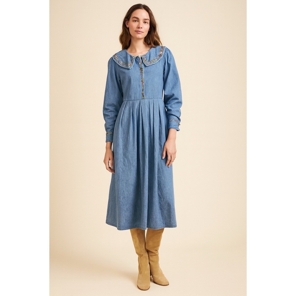 Women's Vintage Dress Denim Floral Embroidered Cottage Peter Pan Collar Western